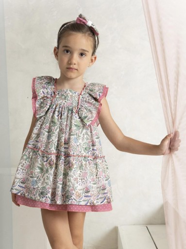 Basmarti Vestido infantil Ninfa Estampado Floral Talle Alto Volante Doble Topos Rosa 24111
