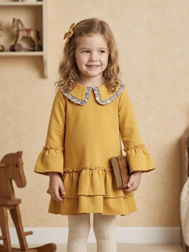 Daniesty Vestido Evase Mostaza Volantes Bajo Cuello detalles Estampado flores Azul Familia Anai 004 [0]