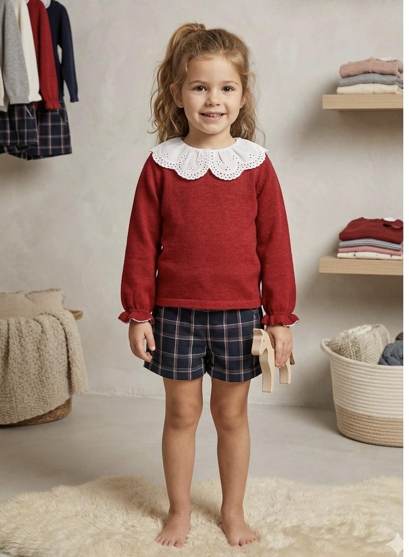Daniesty Conjunto Infantil Jersey Rojo Cuello Blanco Short Marino Cuadros Familia Elena 006