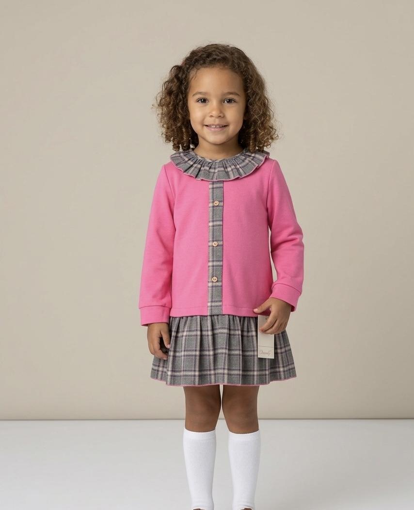 Daniesty Vestido Infantil Evase Punto Rosa falda Cuadros Gris Familia Rosalia 005