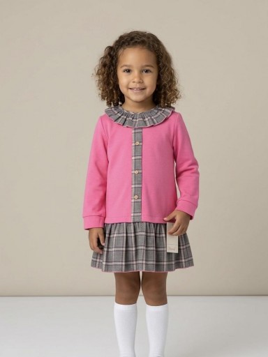 Daniesty Vestido Infantil Evase Punto Rosa falda Cuadros Gris  Familia Rosalia 005 [0]