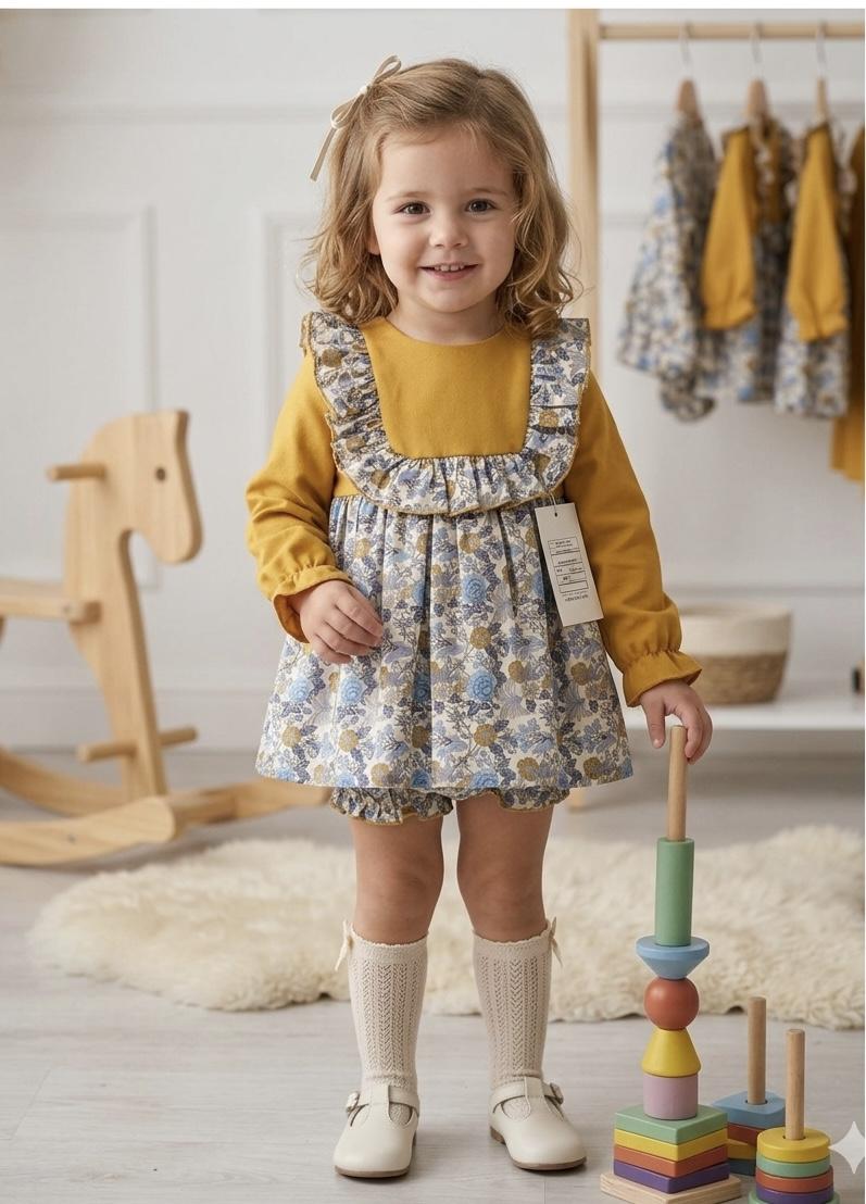 Daniesty Conjunto Bebe Braguita Estampado flores Azul Bluson Punto Mostaza Familia Anai 010