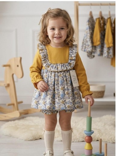 Daniesty Conjunto Bebe Braguita Estampado flores Azul Bluson Punto Mostaza Familia Anai 010 [0]