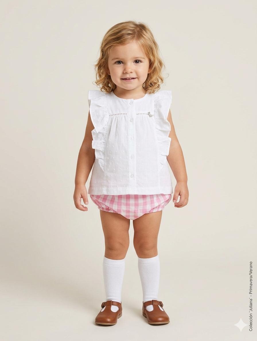 Nekenia Conjunto Bebé Blusa Sin Manga Blanca Braguita Cuadros 24VC06 Rosa