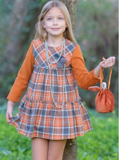  Nekenia Vestido Infantil VueloCuadros Gris Mangas Naranja Pompones 2411805