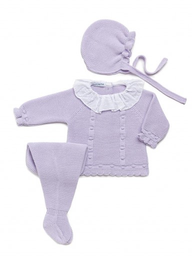 Juliana Vistiendo Bebés Conjunto Punto Polaina 3P Malva Jersey y Gorro  24548