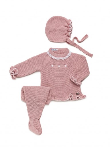 Juliana Vistiendo Bebés Conjunto Punto Polaina 3P Rosa Jersey y Gorro 24550