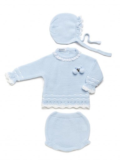 Juliana Vistiendo Bebés Conjunto Punto Azul ranita 3P Jersey y Gorro 24574