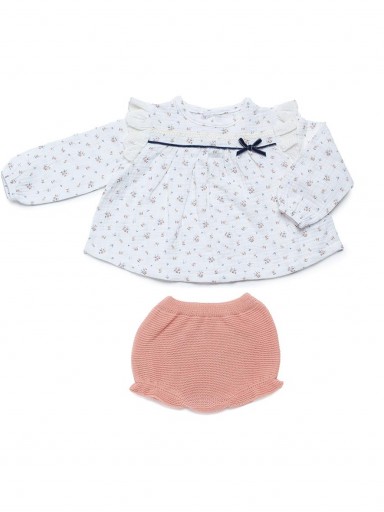 Juliana Vistiendo Bebés Conjunto Punto ranita rosa  y blusa estampada lazada terciopelo 24671