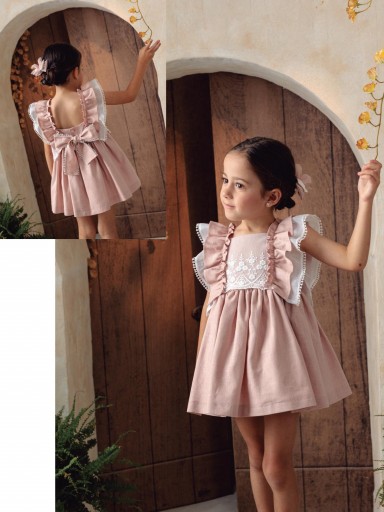 Basmarti Vestido Infantil ceremonia  rosa pieza guipour blanco volantes hombros Lua 26050 [4]