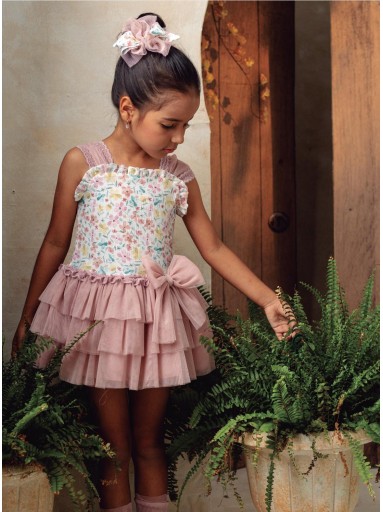 Basmarti Vestido Infantil Ceremonia Camelia tirantes Cuerpo estampado falda tul 3 volantes lazada 26172 [1]