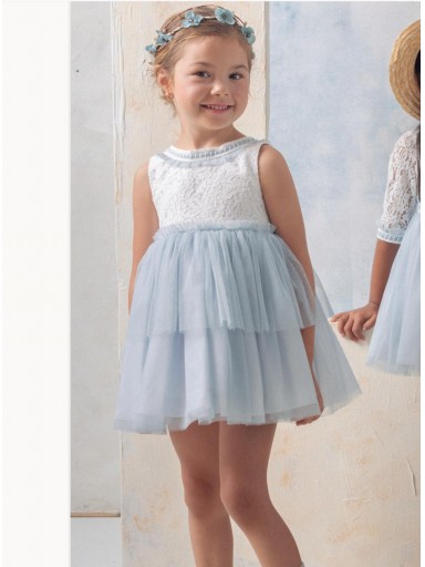 Basmarti Vestido Infantil ceremonia Edha Guipour Blanco volantes Tul Azul 26010 [1]