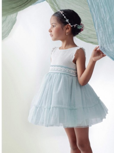 Basmarti Vestido Infantil ceremonia Hortensia Cuerpo Crudo Falda Tul Verde Agua 26191 [1]