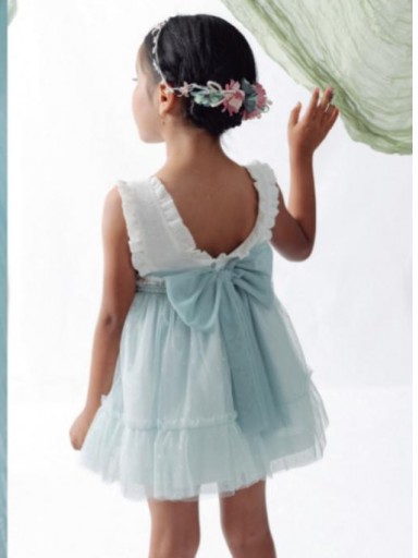 Basmarti Vestido Infantil ceremonia Hortensia Cuerpo Crudo Falda Tul Verde Agua 26191 [2]