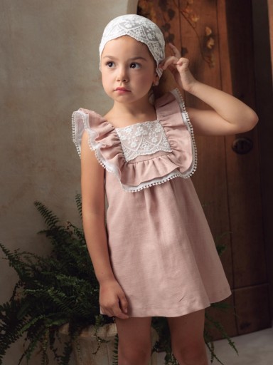 Basmarti Vestido Infantil Ceremonia corte evasé Rosa Pieza guipour blanco 26051 [1]