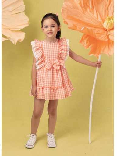 Basmarti Vestido Infantil Ceremonia Cuadro vichy Naranja Doble volante hombros 26251 [1]