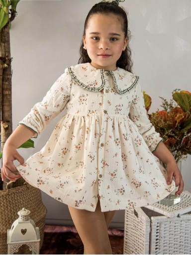Daniesty Vestido Vuelo Infantil Estampado Flores Cuello Vichy Verde Ref. 002 [0]