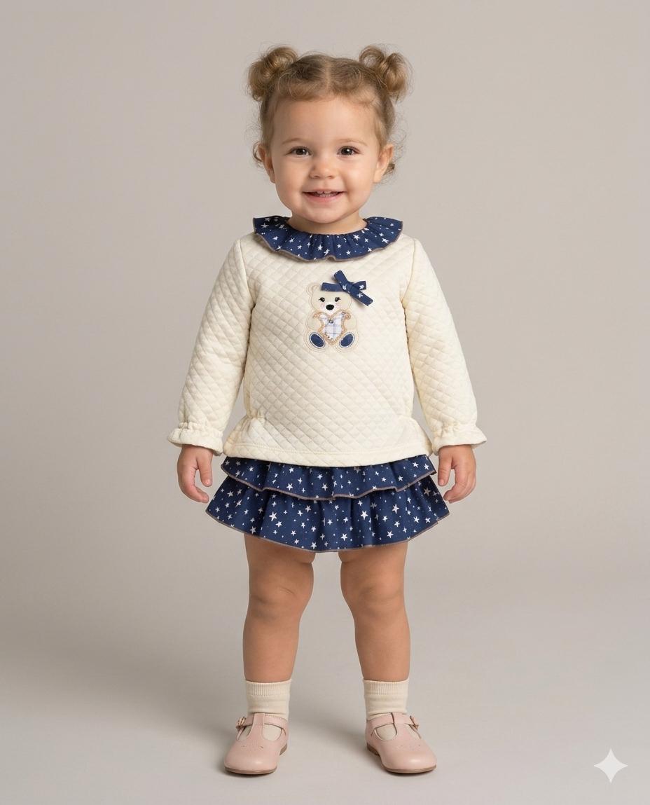 Miranda Conjunto Bebe 2 piezas Sudadera Beige Braguita con Sobrefalda de Volantes Estampada 0521/23