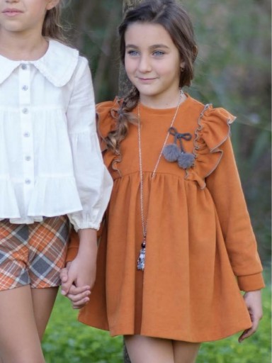  Nekenia Vestido Infantil Talle Alto Naranja Volantes Cuerpo Vivo Gris Pompones 2411804 [1]