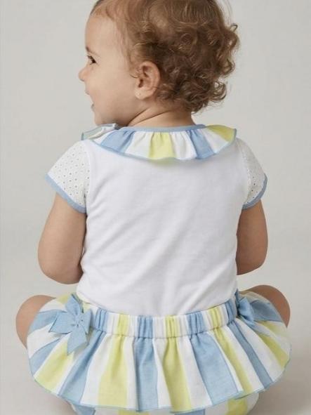 Miranda Conjunto Bebe Camiseta Blanca Serigrafia Lazo Braguita con Sobrefalda Rayas 0138/23 [1]