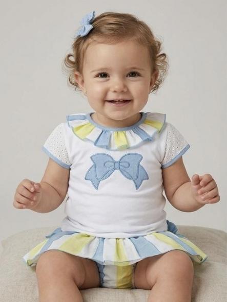 Miranda Conjunto Bebe Camiseta Blanca Serigrafia Lazo Braguita con Sobrefalda Rayas 0138/23 [0]