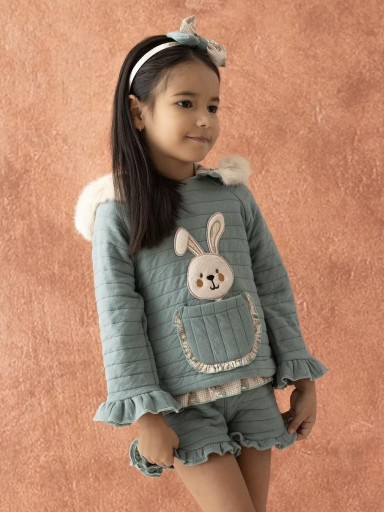 Basmarti Sudadera Infantil  Verde Agua Figura Conejo Capucha de pelo "Uffizi" 25712