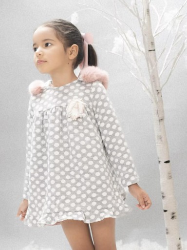 Basmarti Vestido Infantil Evasé Algodón Gris Topos Capucha Pelo Rosa "Thyssen" 25671