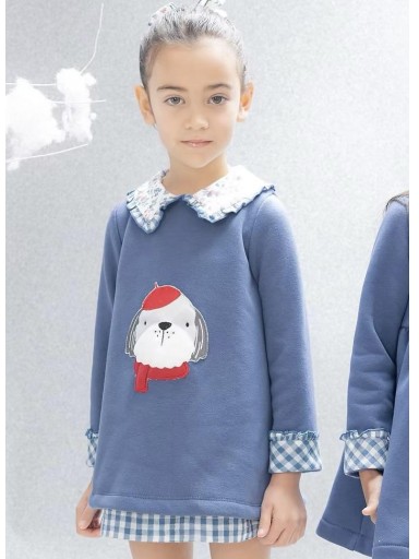 Basmarti Vestido Infantil Azul Aplicación Perrito Falda Cuadros Cuello Estampado "Pompidou" 25610 [0]