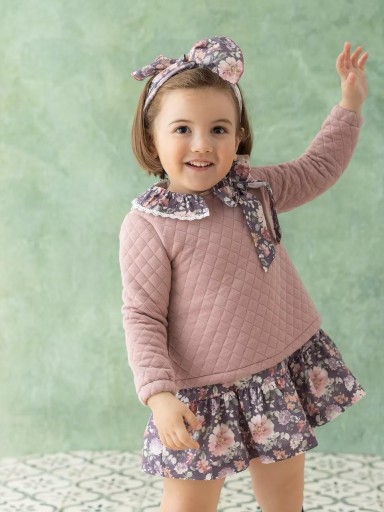 Basmarti Vestido Infantil Combinado Cuerpo cloqué Rosa Falda Flores Malva "La Casa de la magia" 25732 [0]