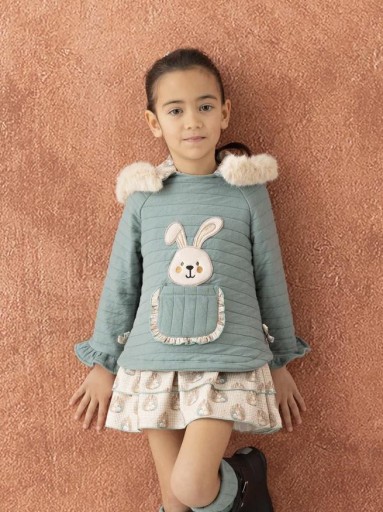 Basmarti Vestido Infantil Combinado Verde Agua Figura Conejo Capucha de pelo "Uffizi" 25710 [0]