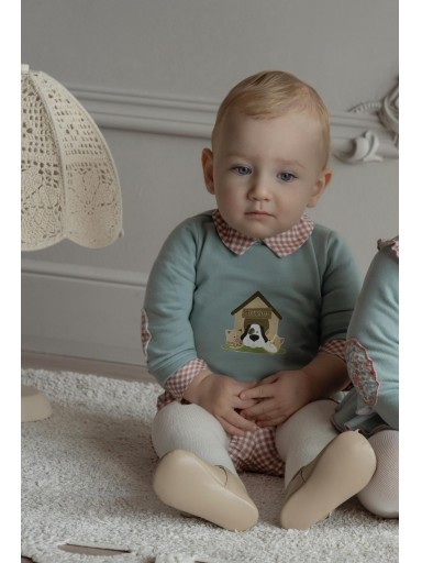 Miranda Conjunto Bebe Niño Sudadera Verde perrito y Pantalón Cuadro Vichy Rojo "Madison" 0037/23 [0]