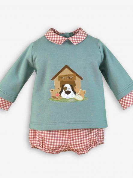 Miranda Conjunto Bebe Niño Sudadera Verde perrito y Pantalón Cuadro Vichy Rojo "Madison" 0037/23 [1]