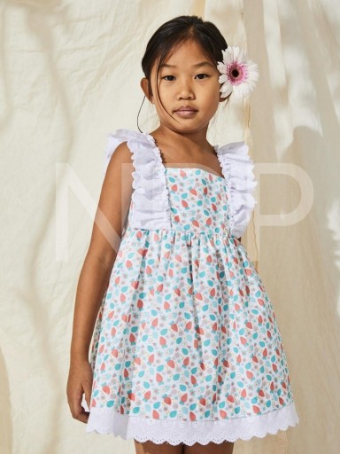 Nekenia Vestido Infantil Vuelo Estampado Floral Fresas Volantes Tira Bordada Blanco 23VV30 [0]