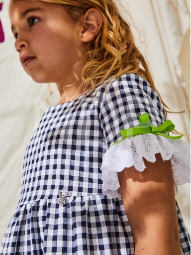 Nekenia Vestido Infantil Vuelo Cuadros Marino Tira Bordada Mangas Vivo Lazos Lima 23VV19 [1]