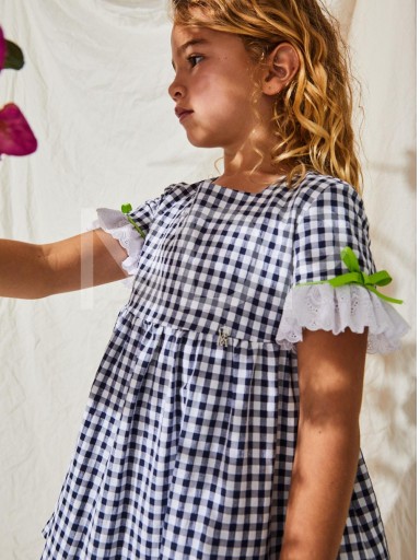 Nekenia Vestido Infantil Vuelo Cuadros Marino Tira Bordada Mangas Vivo Lazos Lima 23VV19