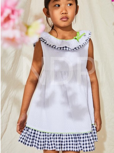 Nekenia Vestido Infantil Piqué Blanco Volantes Cuadros Marino Vivo Verde Lima 23VV20