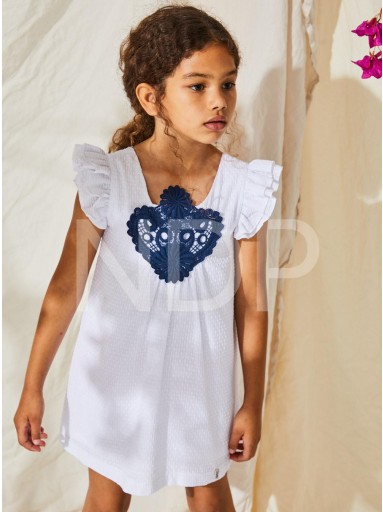Nekenia Vestido Infantil Blanco Aplicación Floral Marino Volante Hombros 23VV18