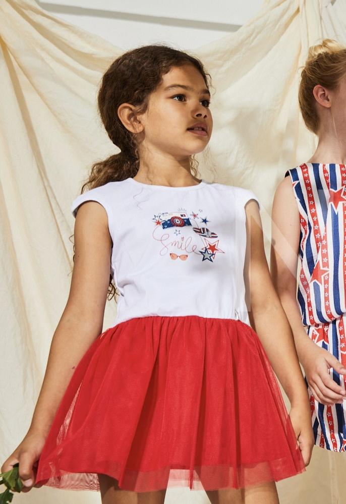 Nekenia Vestido Infantil Falda Tul Rojo Vuelo Sin Mangas Aplicación "Smile" 23VV03