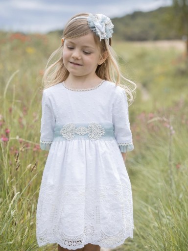 Miranda vestido infantil ceremonia Plumeti beige encaje fajin tul verde "Vulpecula" 0223/V