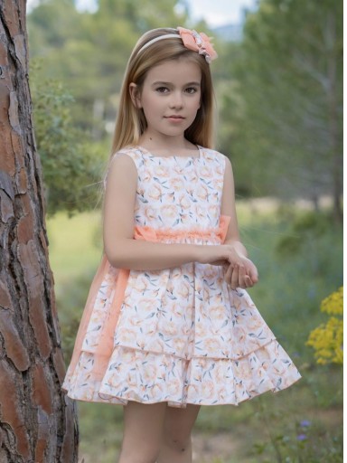 Miranda vestido infantil ceremonia estampado melocotón lazadas tul "Columba" 0229/V [2]