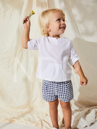 Nekenia Conjunto Infantil Bébe Camisa Blanca Cuello Mao Pantalón Corto Cuadros Vichy Negro 23VC27 [2]