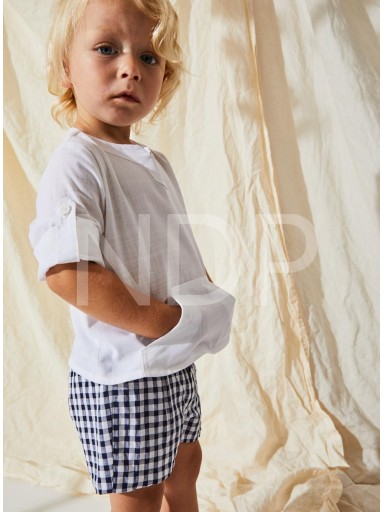 Nekenia Conjunto Infantil Bébe Camisa Blanca Cuello Mao Pantalón Corto Cuadros Vichy Negro 23VC27 [1]