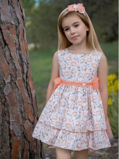 Miranda vestido infantil ceremonia estampado melocotón lazadas tul "Columba" 0229/V [4]