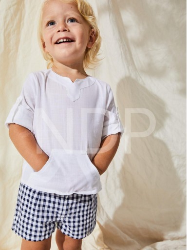Nekenia Conjunto Infantil Bébe Camisa Blanca Cuello Mao Pantalón Corto Cuadros Vichy Negro 23VC27