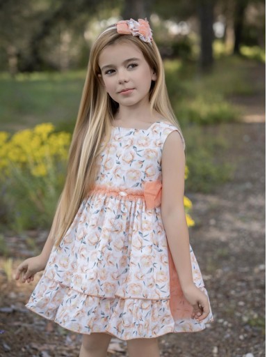 Miranda vestido infantil ceremonia estampado melocotón lazadas tul "Columba" 0229/V