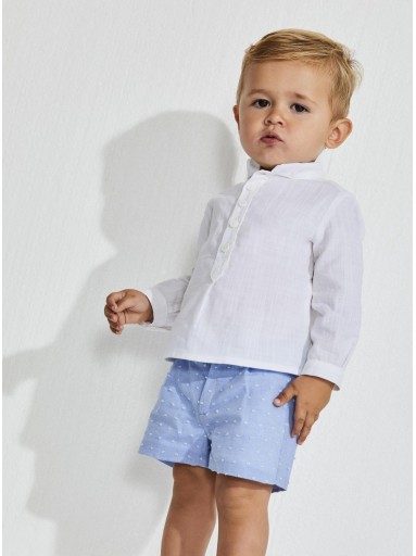 Nekenia Conjunto Infantil Bébe Camisa Blanca Cuello Mao Pantalón Corto Plumeti Celeste 2321031