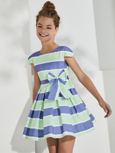 Nekenia Elegante Vestido Infantil Vuelo Rayas Azul Verde Lima Lazada Cintura 2321821 [0]