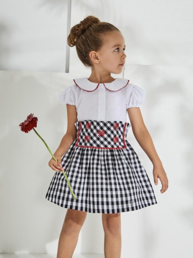 Nekenia Vestido Infantil Vuelo Cuerpo Piqué Blanco Cuello Bebé Falda Cuadros Negro Bordados Rojo 2321807