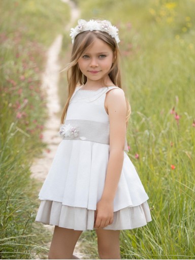 Miranda vestido Ceremonia infantil  beig  volante camel fajin con aplicacion floral "Octante" 0233/V [1]