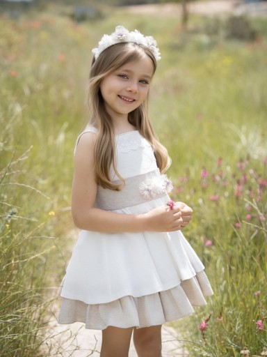 Miranda vestido Ceremonia infantil  beig  volante camel fajin con aplicacion floral "Octante" 0233/V [2]